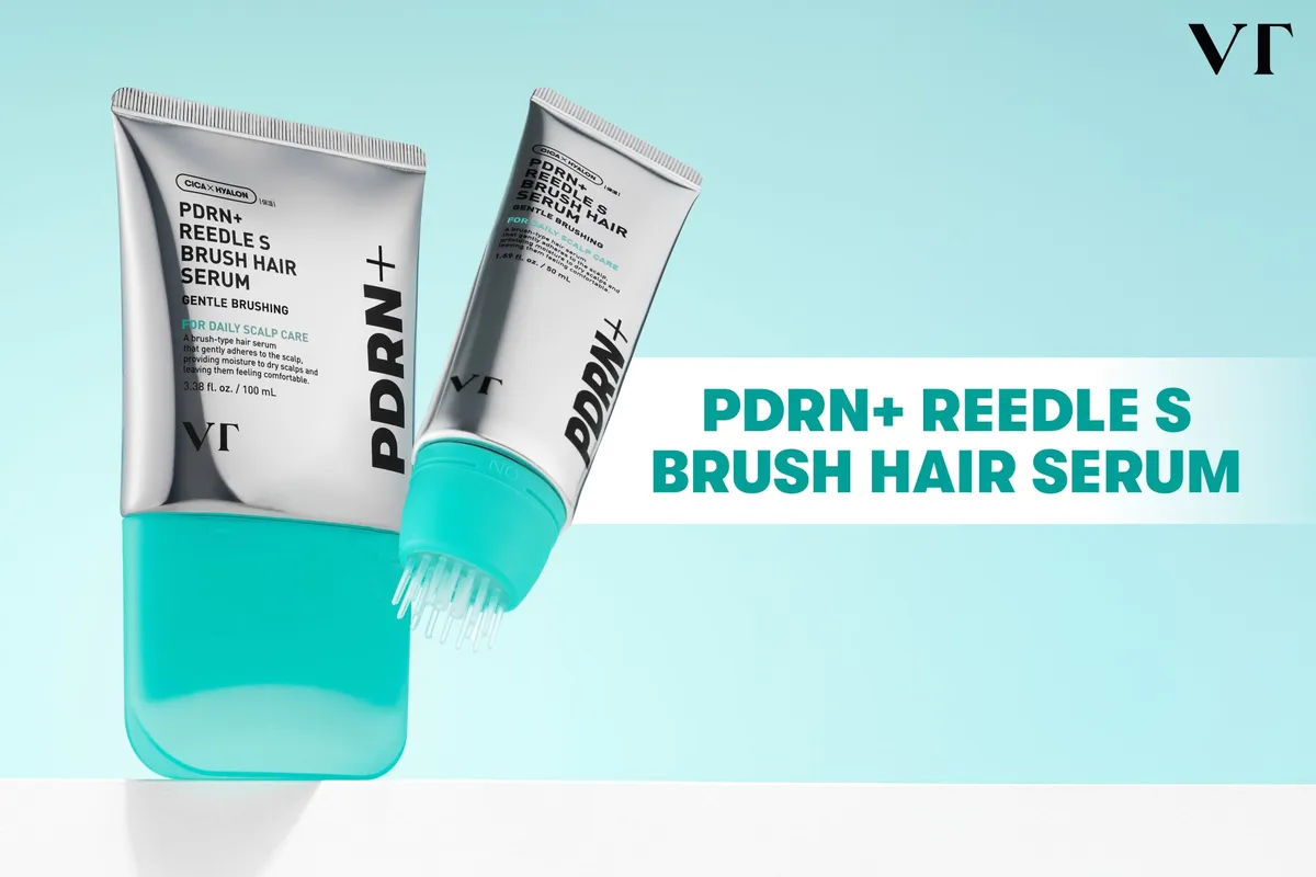 VT PDRN＋ リードルS ブラシヘアセラムの商品パッケージとブラシヘッドの近影