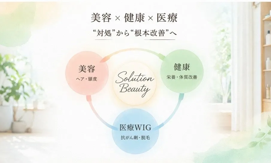 美容・健康・医療WIGの3つの要素が重なり合うソリューション美容の概念図