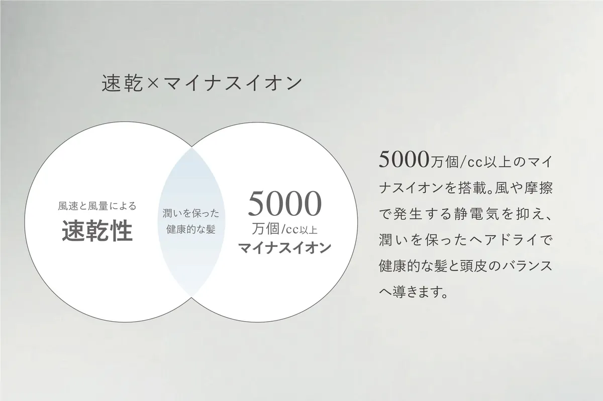 マイナスイオンによる速乾と潤いの両立