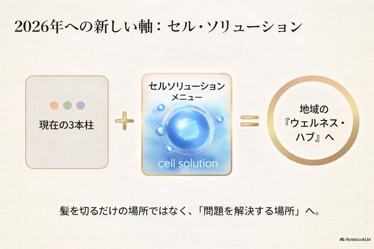 現在の3本柱にセルソリューションが加わりウェルネスハブへと進化する図解