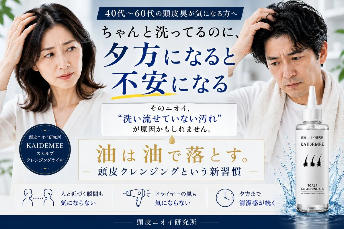 KAIDEMEEの商品ボトルと頭皮の悩みを抱える男女