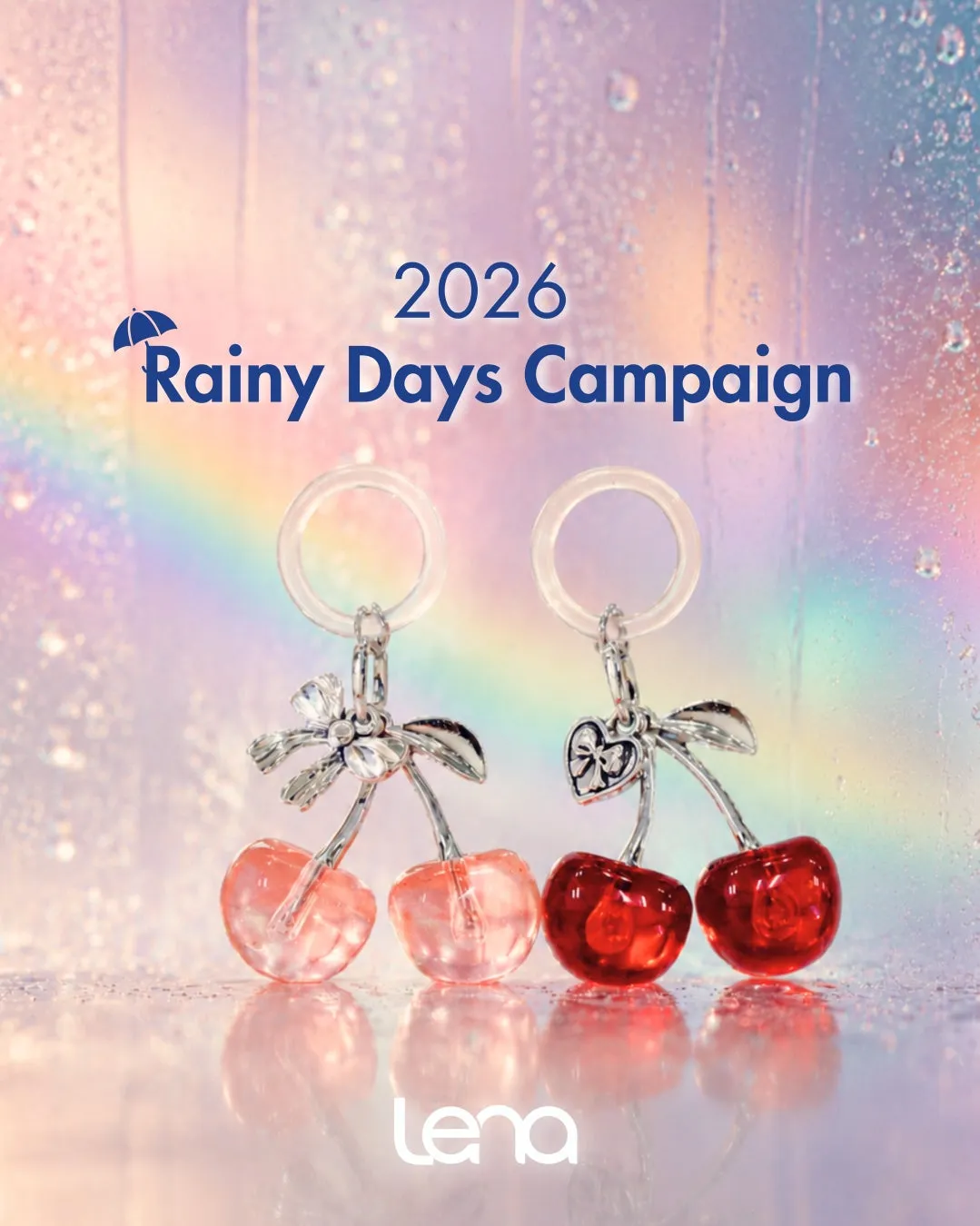 Lenaの梅雨限定キャンペーンビジュアル。さくらんぼ型のアンブレラマーカーが並んでいます。