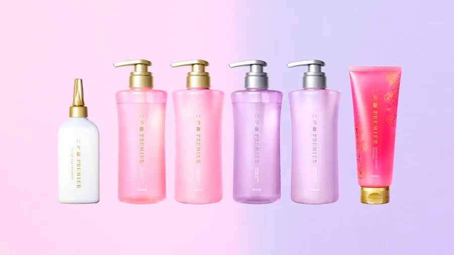 いち髪 PREMIERの全ラインアップ。シャンプー、トリートメント、プレトリートメント、ヘアパックが並ぶ様子