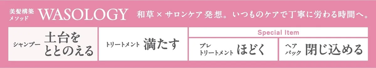 美髪構築メソッドWASOLOGYの解説図。土台を整え、満たし、ほどき、閉じ込める4つのステップ