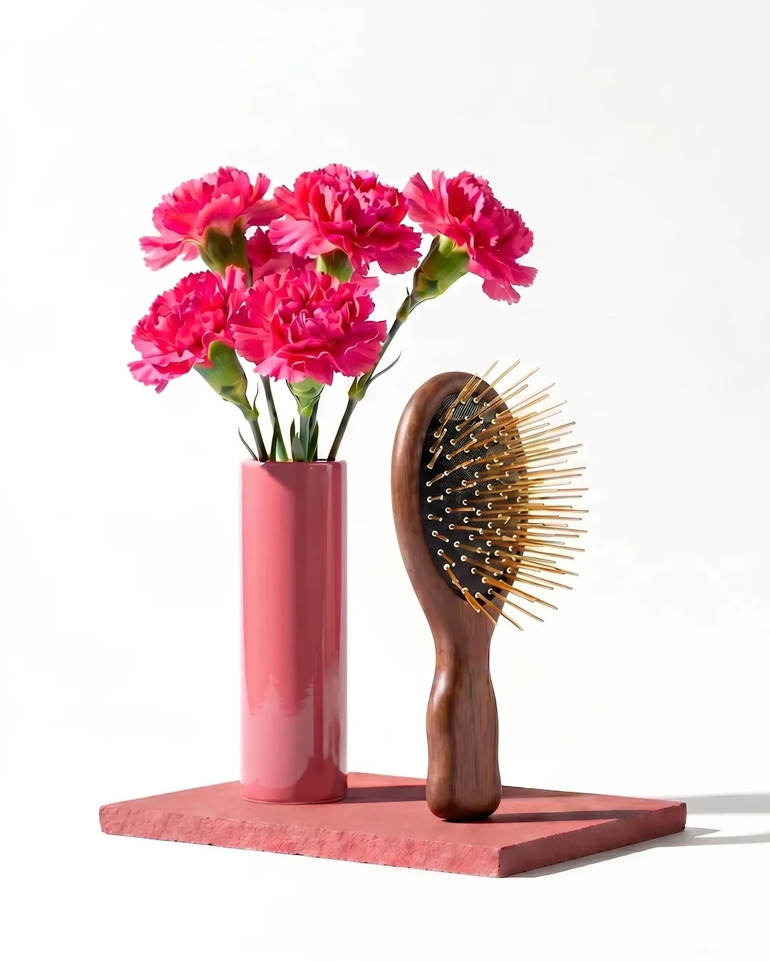 高級感のあるウォルナットハンドルのブラシが、鮮やかなピンクの花と一緒にディスプレイされている様子