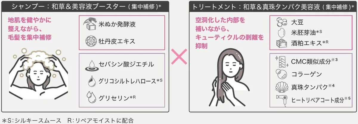 シャンプーとトリートメントの成分解説図。米ぬか発酵液や真珠タンパクなどの美容成分を詳しく紹介