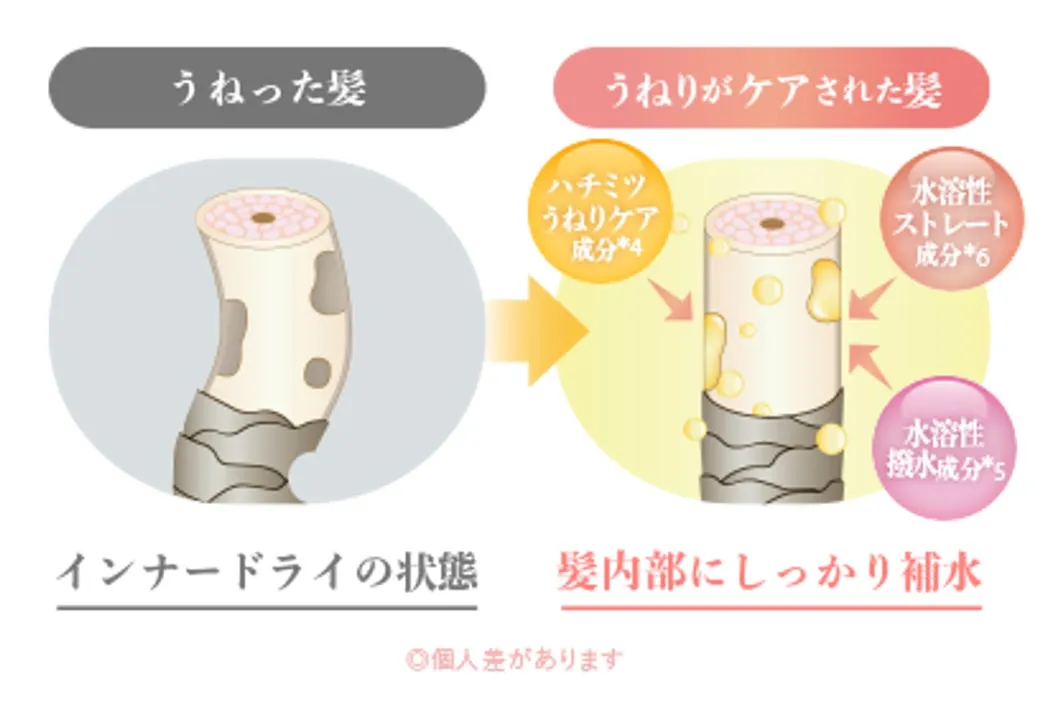 髪のうねりをケアしてしっかり補水するメカニズムの図解