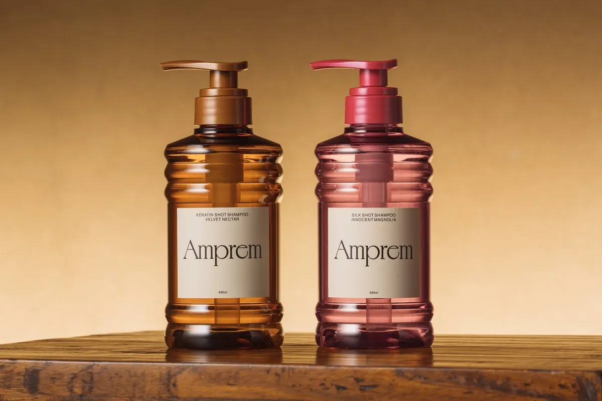Ampremの商品ボトル。ブラウンとピンクの洗練されたパッケージデザイン。