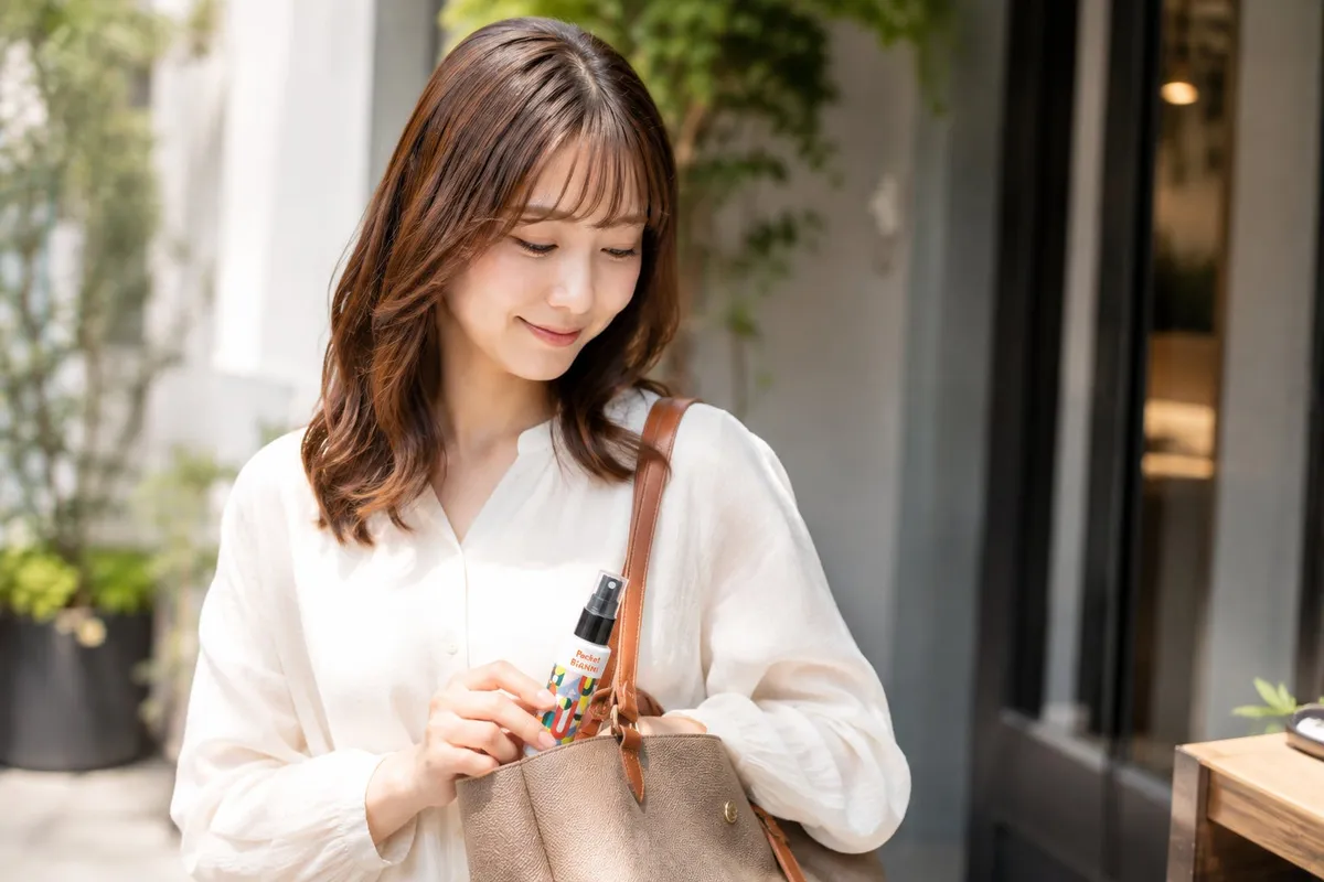 バッグにヘアミストを入れる様子